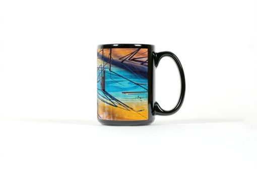 Center view of black mug with colorful reflections in a pond