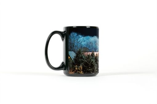 Left view winter scene on black mug
